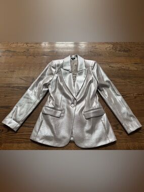 Express Metallic Silver Blazer Satin Sheen Tailored Single Button Size
